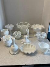 Nice white milk glass collection, hobnail, and ruffled Fenton