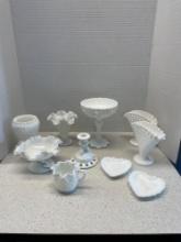 Lovely white milk glass lot, hobnail fan ruffled vases and more