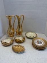 Gold vases or decanters dishes, plates bowl some marked 24 karat gold