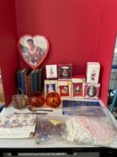 Miscellaneous lot, including hallmark, ornaments, vintage books, marbles linens, coins