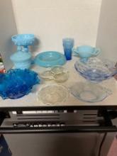 nice lot of Fenton blue and blue satin candy dishes and bowls, blue Coca-Cola glass Imperial