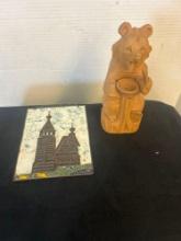 Russian enamel on copper church plaque, and Russian carved wooden bear