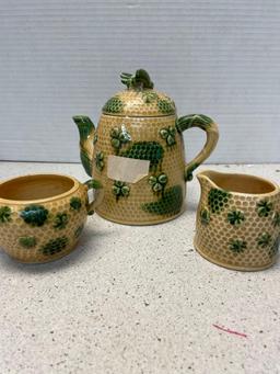 vintage Brinns honeycomb, clover, and bee, kettle sugar bowl, and creamer. vintage Hall Enterprise