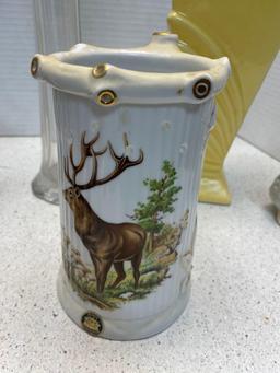 vintage Hugo Schmidt porcelain elk transfer Stein, 1940 Shawnee pottery 6 inch owl, pitcher milk