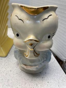 vintage Hugo Schmidt porcelain elk transfer Stein, 1940 Shawnee pottery 6 inch owl, pitcher milk