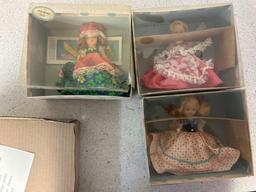 3 Nancy ann storybook dolls in boxes, little Miss Muffet, silks and satins, Nellie Bird