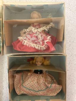 3 Nancy ann storybook dolls in boxes, little Miss Muffet, silks and satins, Nellie Bird