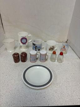 Fire king creamer, and bird mug, Salt and pepper shakers, Moore see description