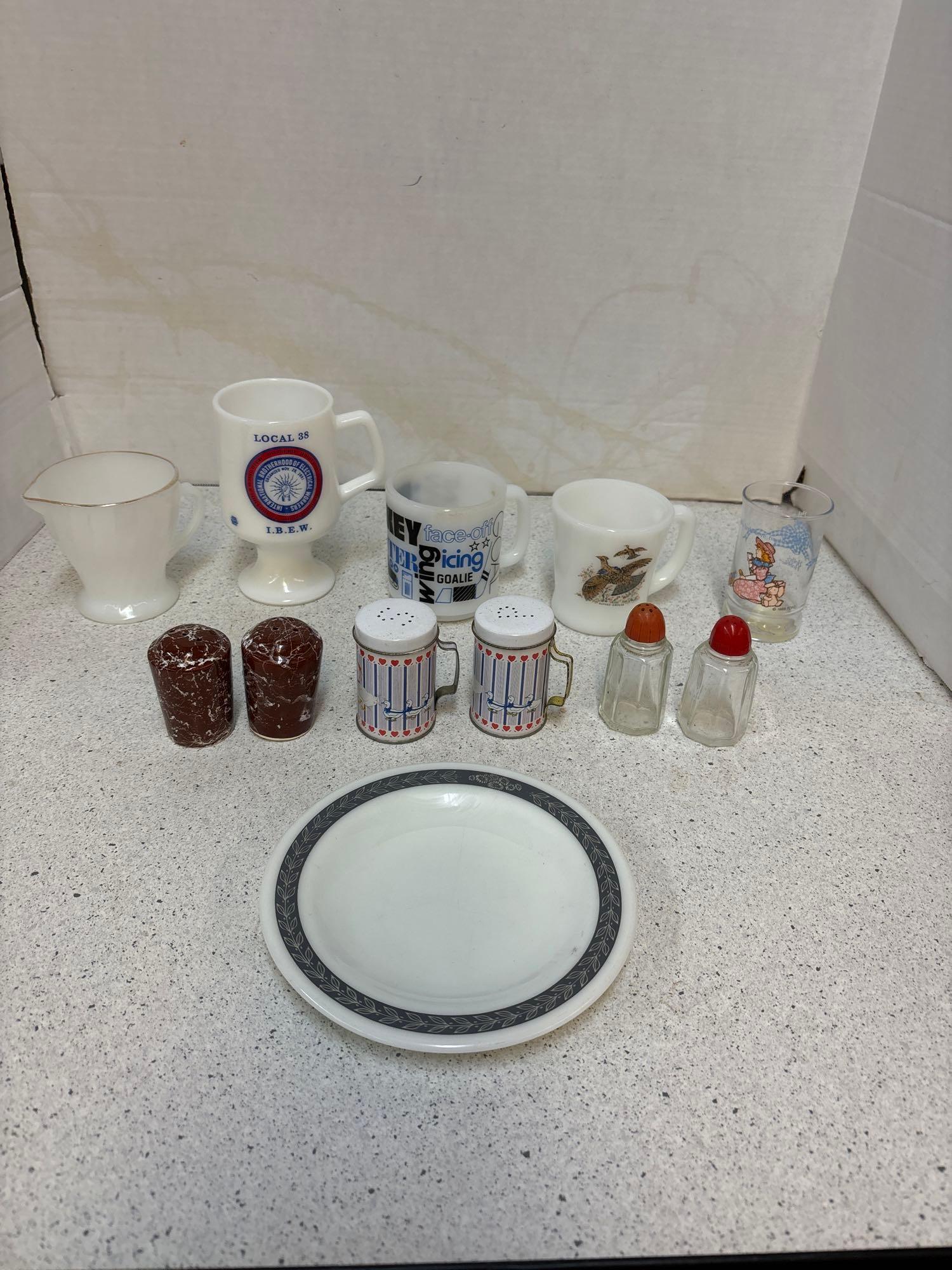 Fire king creamer, and bird mug, Salt and pepper shakers, Moore see description