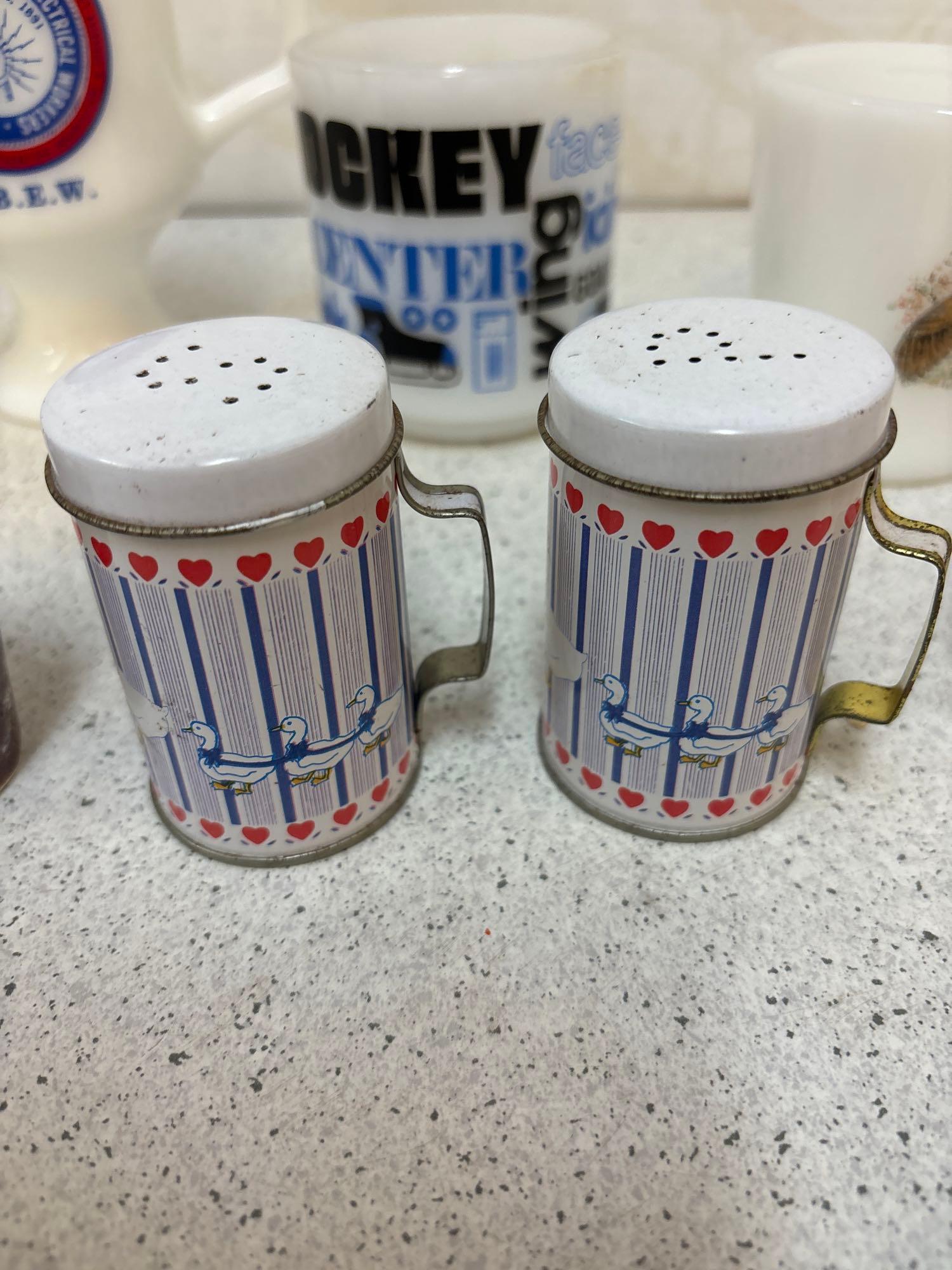 Fire king creamer, and bird mug, Salt and pepper shakers, Moore see description