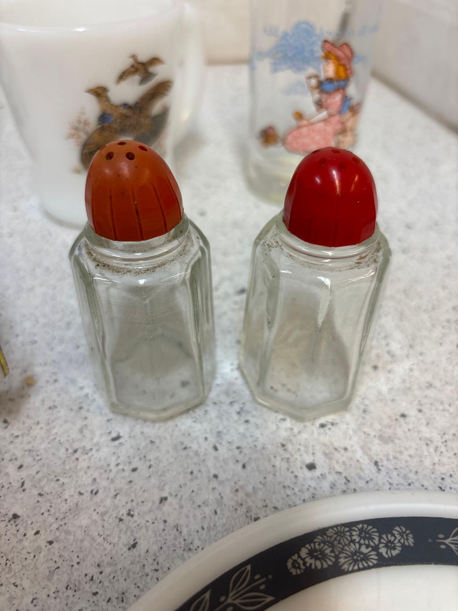 Fire king creamer, and bird mug, Salt and pepper shakers, Moore see description