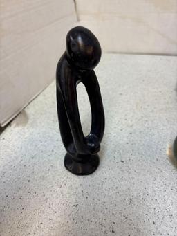 Mother and child soapstone, and a hippo soapstone, Black onyx, Mayan figure, And two paperweights