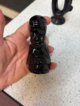 Mother and child soapstone, and a hippo soapstone, Black onyx, Mayan figure, And two paperweights