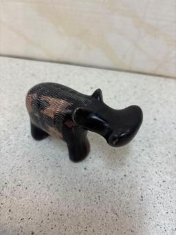 Mother and child soapstone, and a hippo soapstone, Black onyx, Mayan figure, And two paperweights