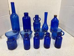 Cobalt blue bottles and cups one vase 14 total