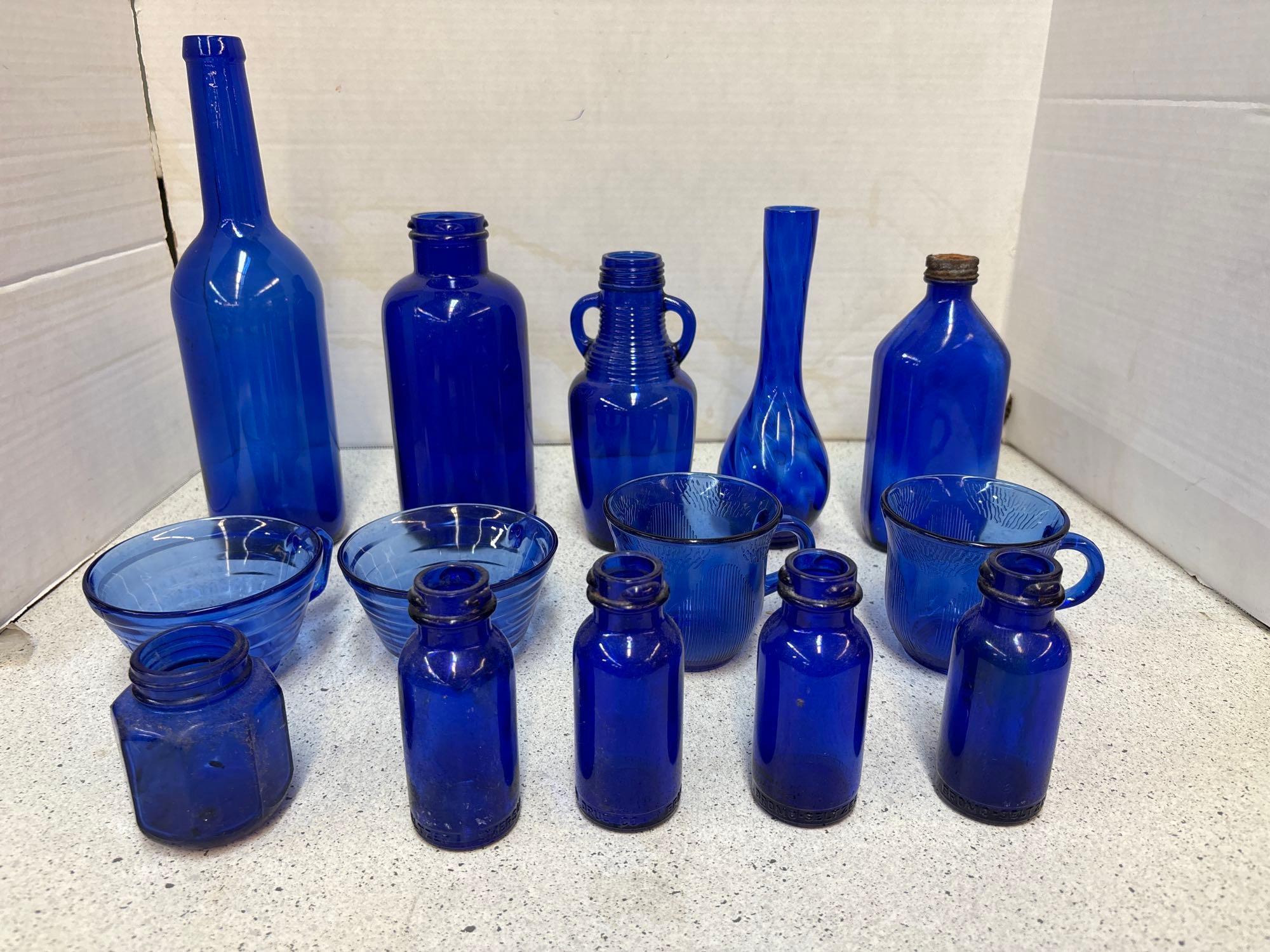 Cobalt blue bottles and cups one vase 14 total
