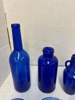 Cobalt blue bottles and cups one vase 14 total