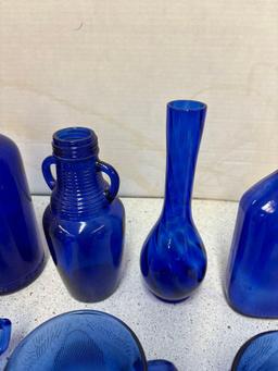 Cobalt blue bottles and cups one vase 14 total