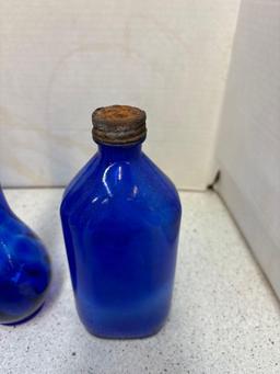 Cobalt blue bottles and cups one vase 14 total