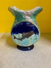Antique cobalt majolica fish vase