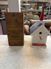 Two Plex wooden crate with bottle and birdhouse
