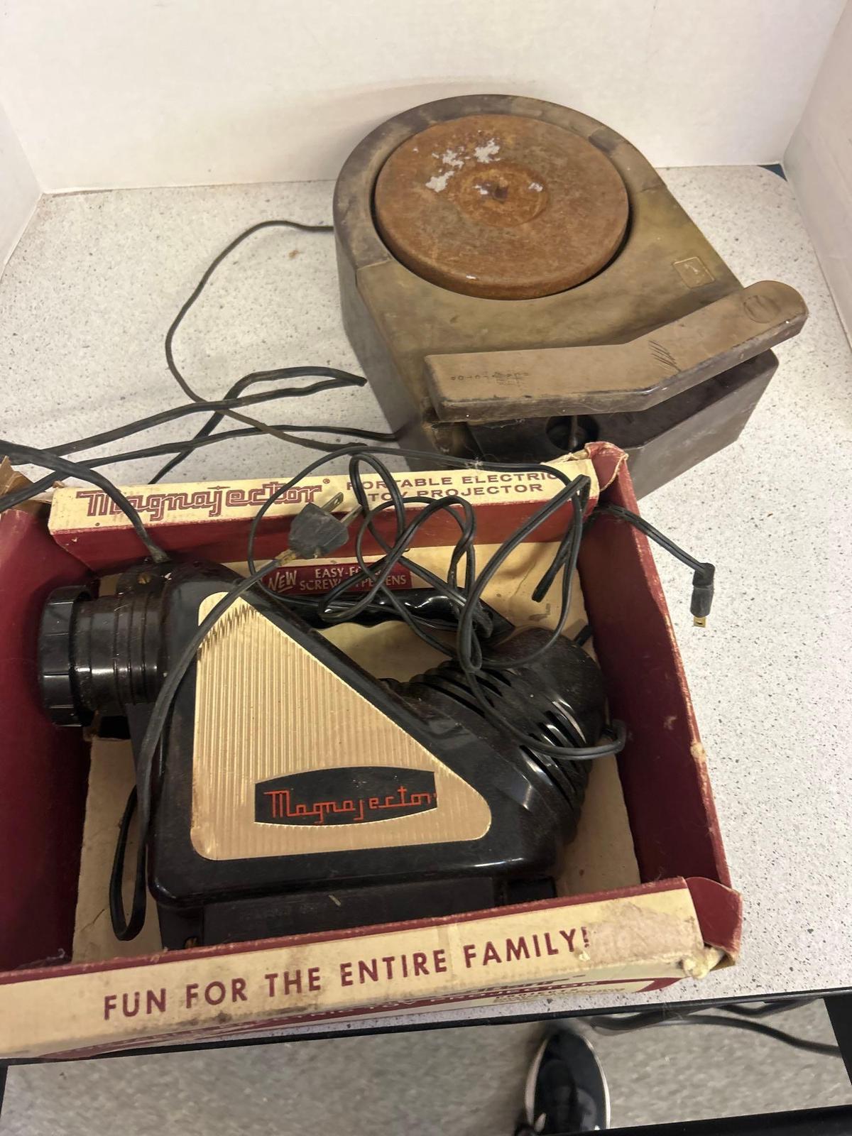 antique record player and magnajector portable electric toy projector