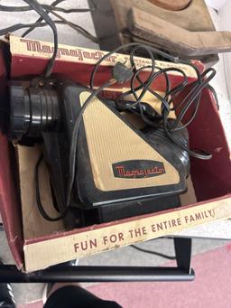 antique record player and magnajector portable electric toy projector
