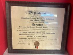 framed embalming diploma 1924