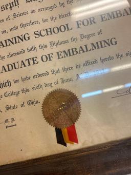 framed embalming diploma 1924