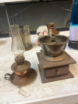 copper and others collectibles, coffee grinder, oil lamp