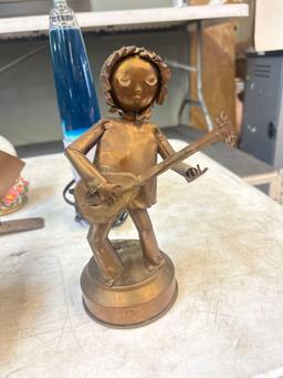 copper and others collectibles, coffee grinder, oil lamp
