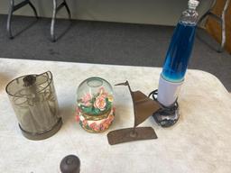 copper and others collectibles, coffee grinder, oil lamp