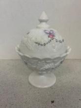 Westmoreland hand painted milk glass candy dish