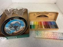 Grumbacher soft pastels, New York world fair plate and etched glass creamer cups