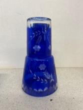 vintage cobalt blue Cut two clear tumble up bedside decanter