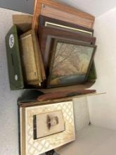 antique photographs and artwork and picture frames