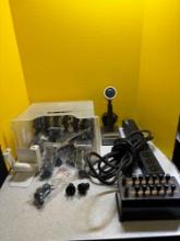 Resistance Box, vintage Microphone, electrical plugs, Power strip