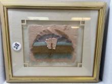 Sunset mixed media burlap paper collage art framed