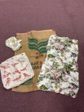 Barkcloth panel, coffee bag, Arhaus bird pillow covers, William Sonoma napkins