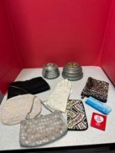 Three vintage purses, gloves, two music trinket boxes