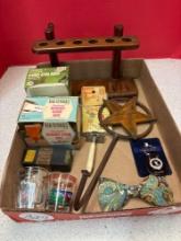 Pipe stand, razor, vintage drink mixes