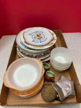 Vintage state plates, fire king peach luster and berry bowls
