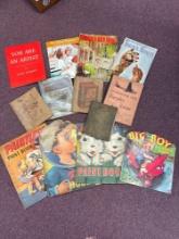 Very old school books, composition, spelling, arithmetic