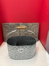 Two farmhouse ceiling tiles and a metal basket