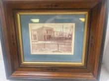 antique framed photograph house buggies in front of plumbing and livery stores