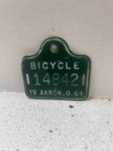 1964 Akron, Ohio bicycle license plate