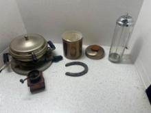 vintage star rite waffle maker straw dispenser, decorative mini coffee mill, humidor with tobacco