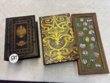 wooden storage books and vintage president pins