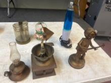 copper and others collectibles, coffee grinder, oil lamp