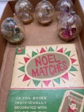 five vintage Japanese ornaments, large Noel matches